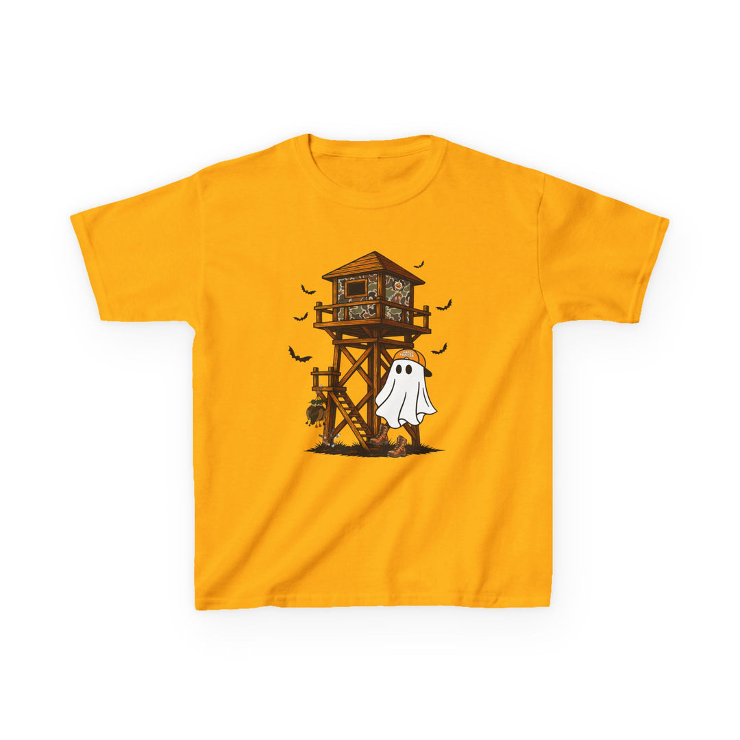 Ghost Hunter Kids Tee featuring a Halloween-themed graphic with a hunting stand, pumpkins, bats, and a cartoon ghost in a baseball cap.