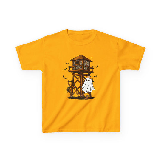 Ghost Hunter Kids Tee featuring a Halloween-themed graphic with a hunting stand, pumpkins, bats, and a cartoon ghost in a baseball cap.