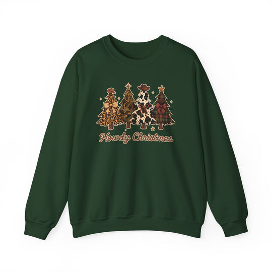 Howdy Christmas Crew: A dark-green sweatshirt featuring stylized Christmas trees with festive patterns and cowboy hats, beneath the phrase “Howdy Christmas” in western script.