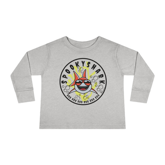 A toddler long-sleeve tee featuring a cartoon shark with sunglasses, designed for comfort and durability. Made from 100% combed ringspun cotton, with ribbed collar and EasyTear™ label. From 'Worlds Worst Tees'.