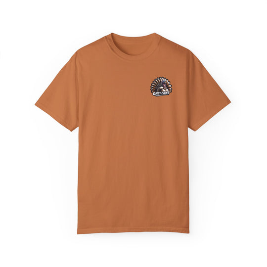 A relaxed fit Only Fans Hunting Tee, brown with a turkey logo, crafted from 100% ring-spun cotton. Garment-dyed for coziness, featuring double-needle stitching for durability. Sizes: S-3XL.