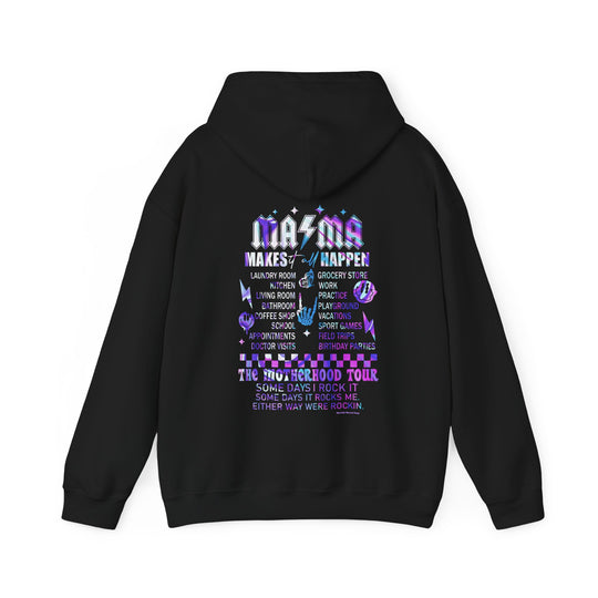 A Ma/Ma Band Hoodie, a black sweatshirt with a purple and white design. Unisex heavy blend, 50% cotton, 50% polyester, cozy and stylish with kangaroo pocket and matching drawstring.