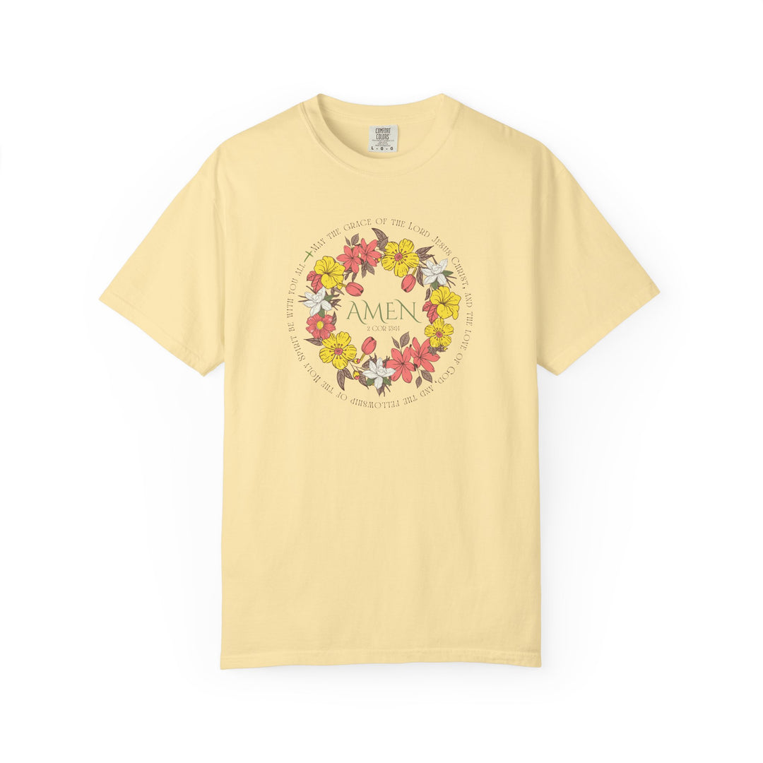 Amen Tee featuring a floral design on a durable, soft-washed fabric, ideal for everyday wear with its relaxed fit and customizable options.