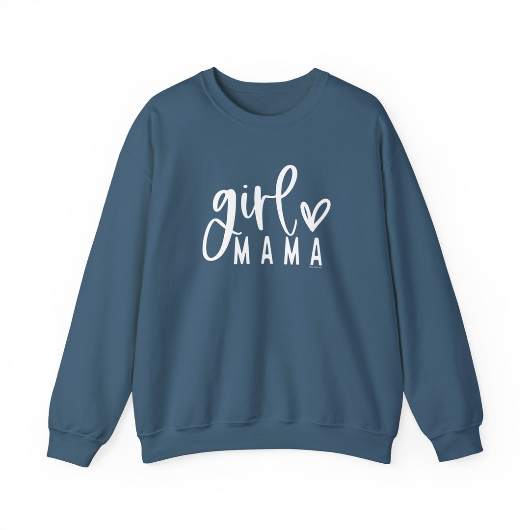 Unisex Girl Mama Crew sweatshirt in blue with white text. Heavy blend fabric, ribbed knit collar, no itchy seams. 50% cotton, 50% polyester. Loose fit, true to size. Ideal comfort for any occasion.