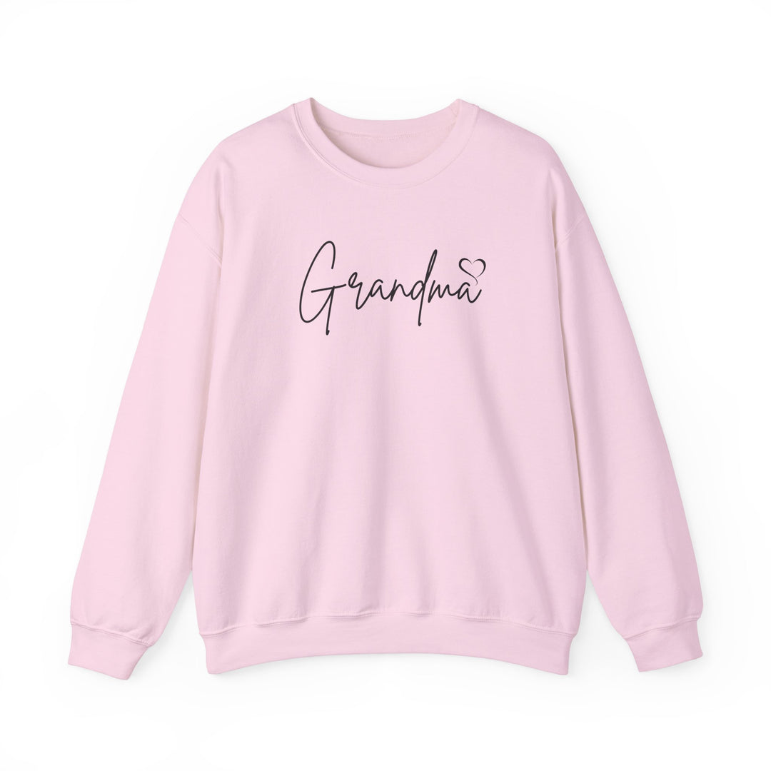 A cozy Grandma Love Crew unisex sweatshirt in pink with black text. Made of cotton and polyester blend, ribbed knit collar, no itchy seams. Sizes S-5XL. Ideal for comfort and style.