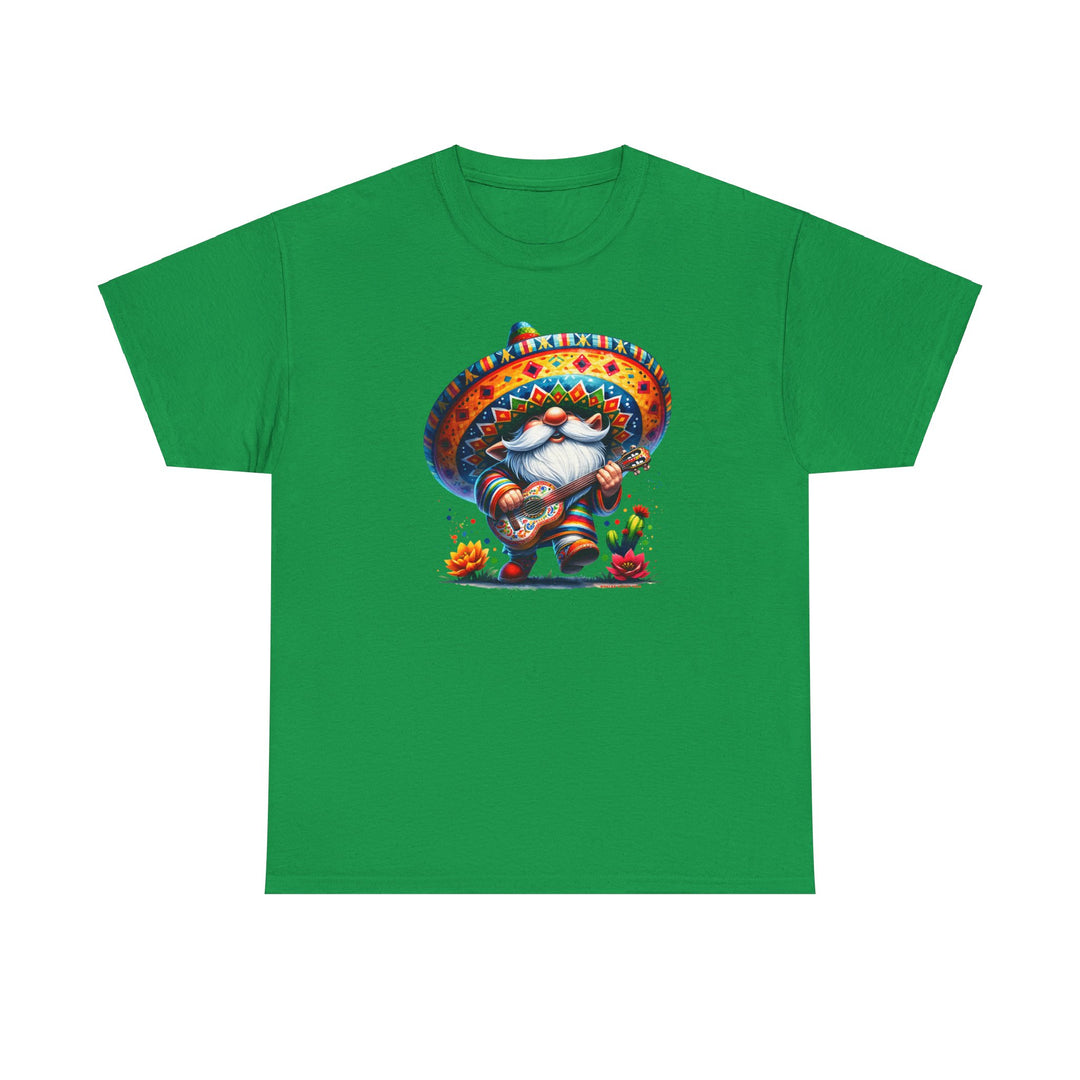 Mexican Gnome Tee: Unisex green t-shirt featuring a gnome playing guitar. Medium 100% cotton fabric, classic fit, tear-away label, ethically made. From Worlds Worst Tees.