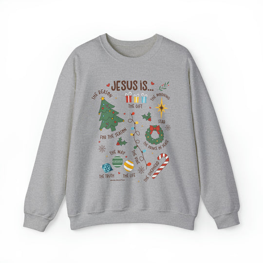 A unisex heavy blend crewneck sweatshirt featuring a graphic design with words, ideal for comfort. Made of 50% cotton, 50% polyester, with ribbed knit collar and no itchy side seams. Jesus is Christmas Crew.