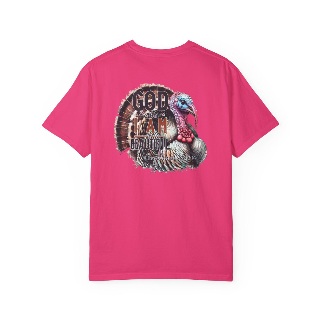 Beautiful Tee: Pink shirt featuring a turkey design. 100% ring-spun cotton, garment-dyed for extra coziness. Relaxed fit, double-needle stitching for durability, no side-seams for a tubular shape. From Worlds Worst Tees.