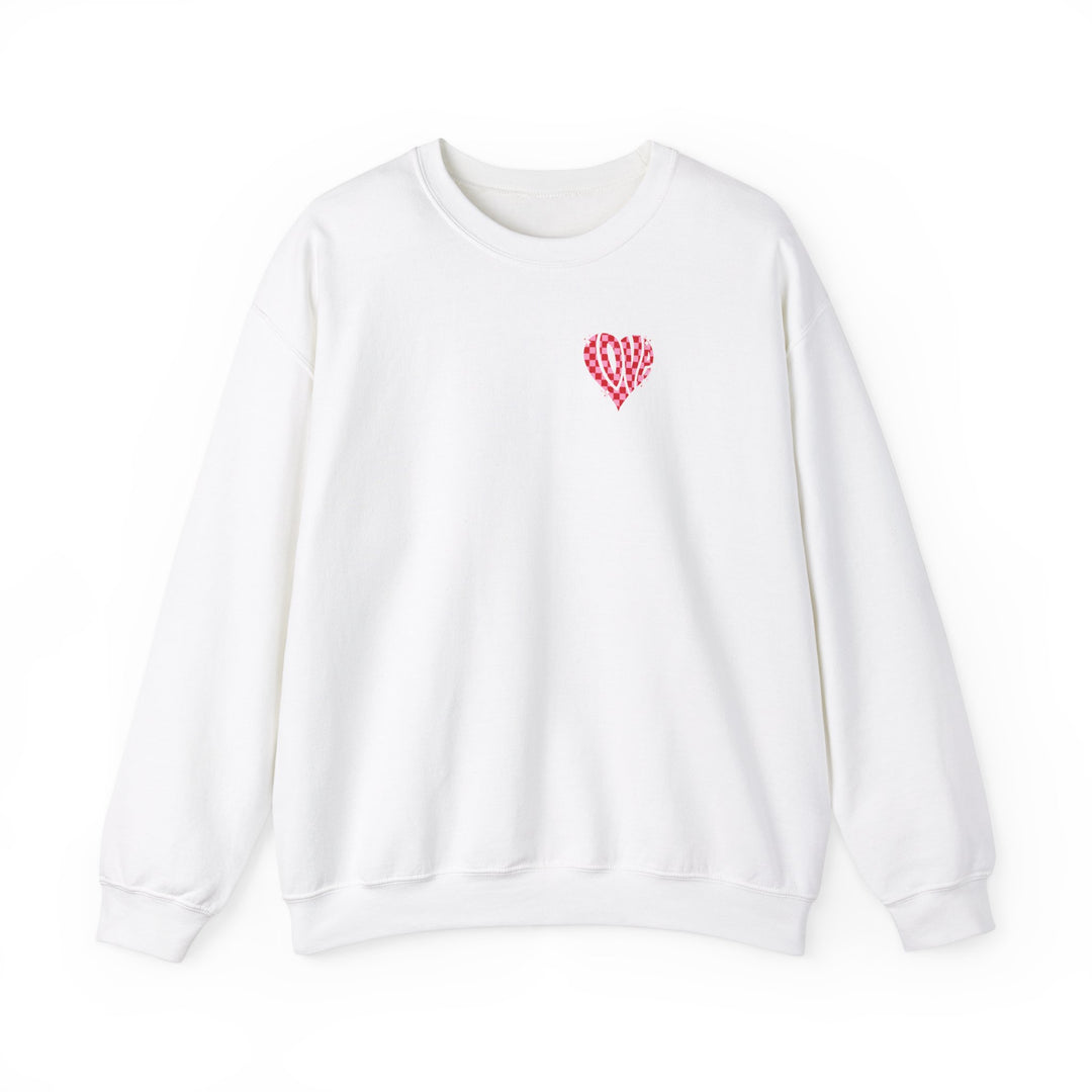 Unisex Love Crew white sweater with heart design. 50% cotton, 50% polyester blend, ribbed knit collar, no itchy side seams. Comfortable, loose fit, medium-heavy fabric. Sizes S-5XL. Sewn-in label.