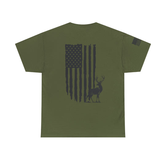 American Hunter Tee: A green shirt featuring a flag and deer silhouette. Comfy, light, and roomy fit with ribbed knit collar. Ideal for workouts or daily wear. Made of 100% cotton.