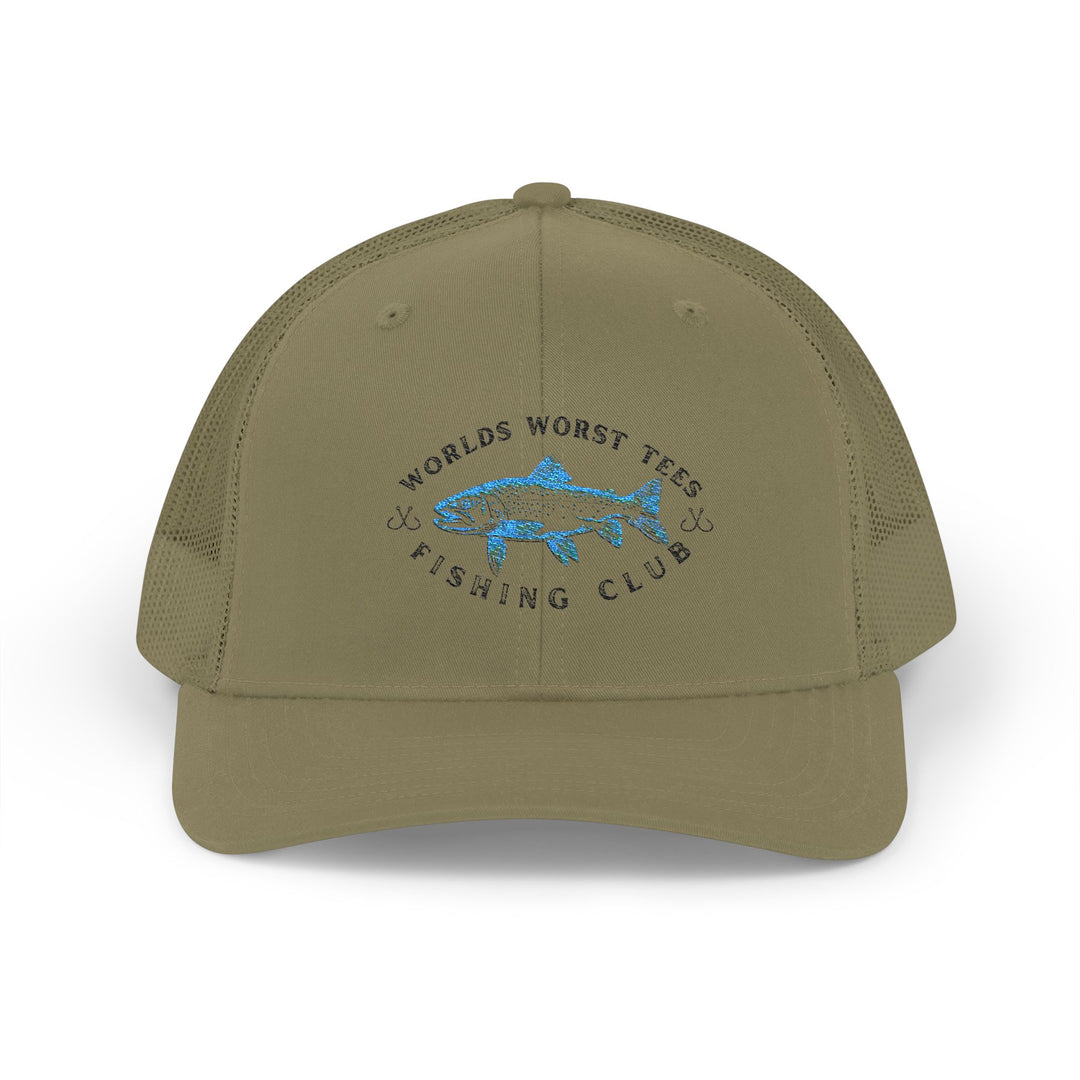 WWT Fishing Club Snapback Trucker Cap features embroidered fish, 6-panel design, pre-curved visor, adjustable snap closure, and mesh back for breathability.