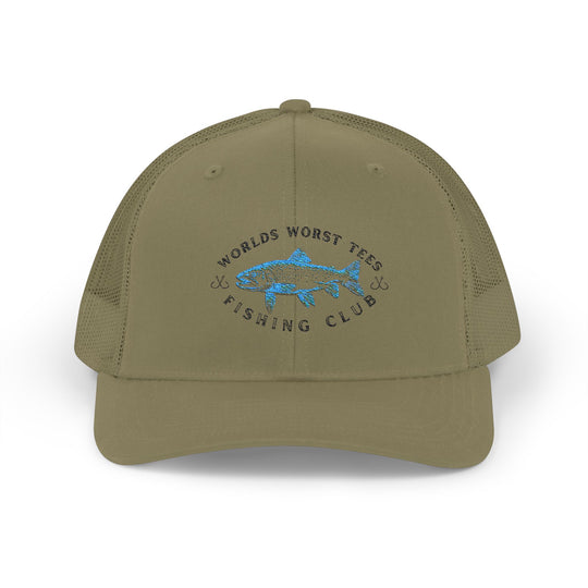 WWT Fishing Club Snapback Trucker Cap features embroidered fish, 6-panel design, pre-curved visor, adjustable snap closure, and mesh back for breathability.