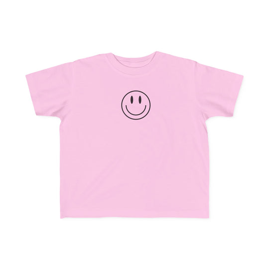 Toddler tee with a pink smiley face print, soft 100% combed ringspun cotton, light fabric, classic fit, tear-away label. Perfect for sensitive skin, ideal for little adventurers.