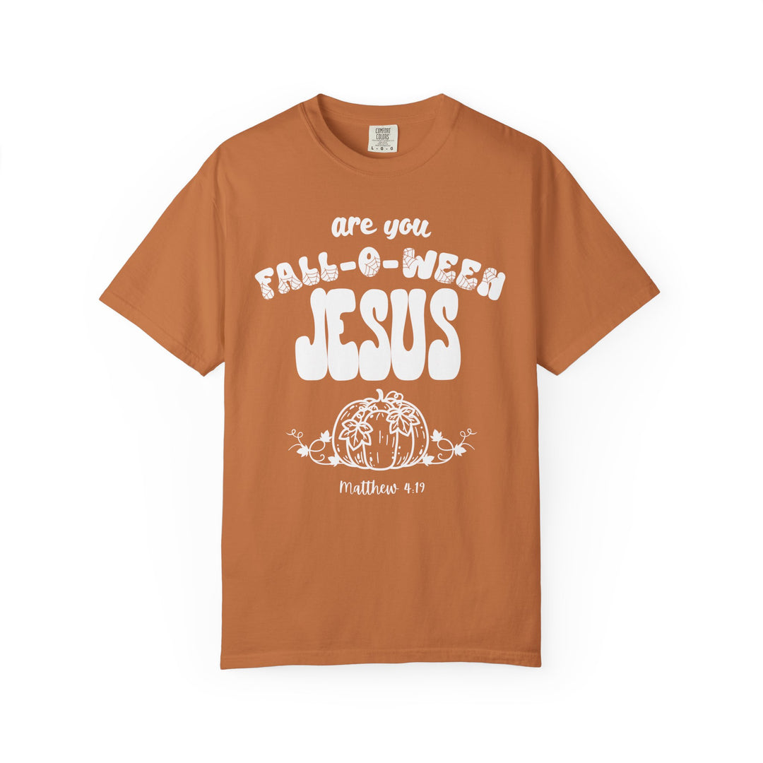 Burnt-orange FALL-O-WEEN Jesus Tee with white Bible pun, pumpkin graphic, and Matthew 4:19 reference, designed for comfort and style.