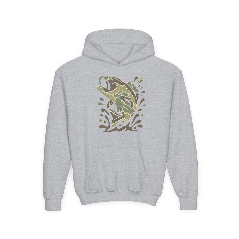 Camo Fish Youth Hoodie features a light-gray pullover with a camouflage-patterned fish graphic leaping from water, complemented by a roomy kangaroo pocket.