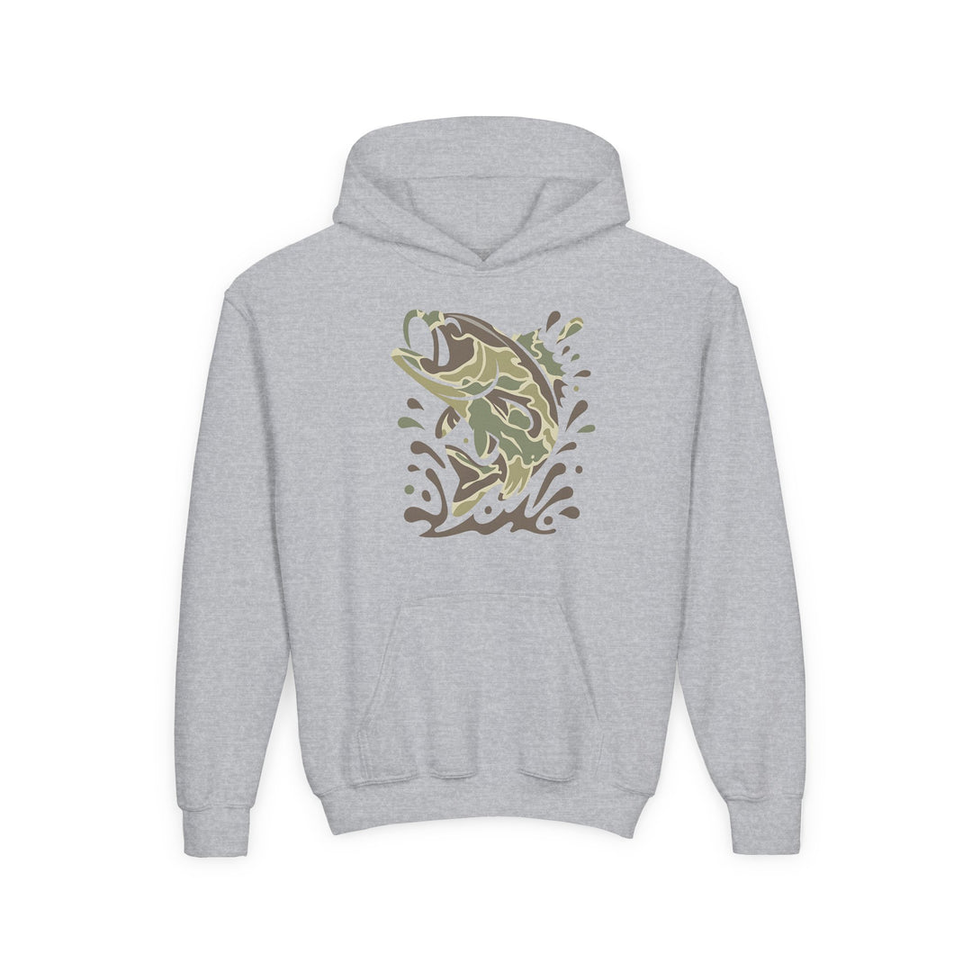 Camo Fish Youth Hoodie features a light-gray pullover with a camouflage-patterned fish graphic leaping from water, complemented by a roomy kangaroo pocket.
