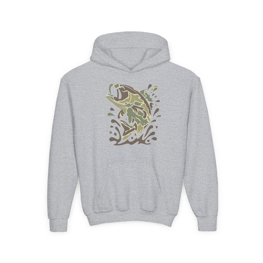 Camo Fish Youth Hoodie features a light-gray pullover with a camouflage-patterned fish graphic leaping from water, complemented by a roomy kangaroo pocket.