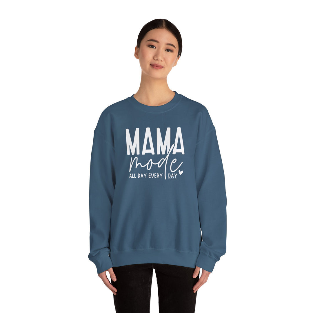 A unisex heavy blend crewneck sweatshirt from Worlds Worst Tees, the Mama Mode Crew, offers comfort with ribbed knit collar and no itchy side seams. Features 50% cotton, 50% polyester fabric, loose fit, and true-to-size fit.