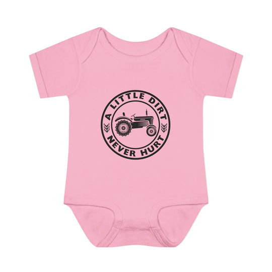 Pink onesie with a A Little Dirt Never Hurt tractor graphic, featuring lap shoulders for easy dressing. Made from soft, 100% ring-spun cotton for infant comfort.