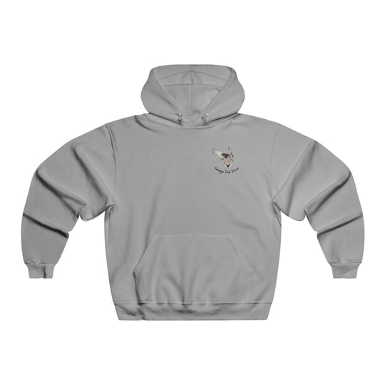 A JERZEES NuBlend® hooded sweatshirt featuring a grey hoodie with a logo, made of 50% cotton and 50% polyester blend. This Men's NUBLEND® Sweatshirt offers a loose fit and a front pouch pocket.