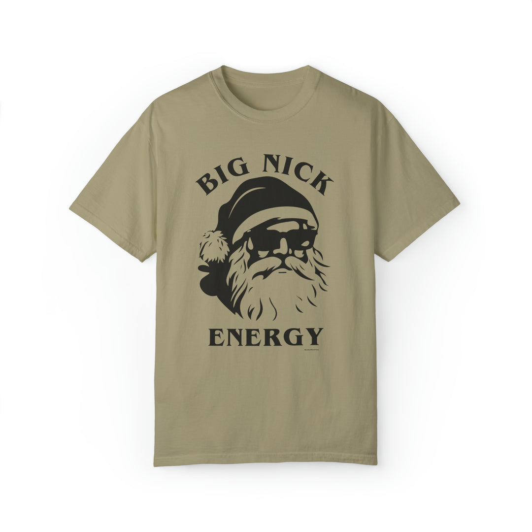 Unisex Big Nick Energy Tee: A t-shirt featuring Santa Claus face design. Luxurious 80% ring-spun cotton, 20% polyester fabric with relaxed fit and rolled-forward shoulder. From Worlds Worst Tees.