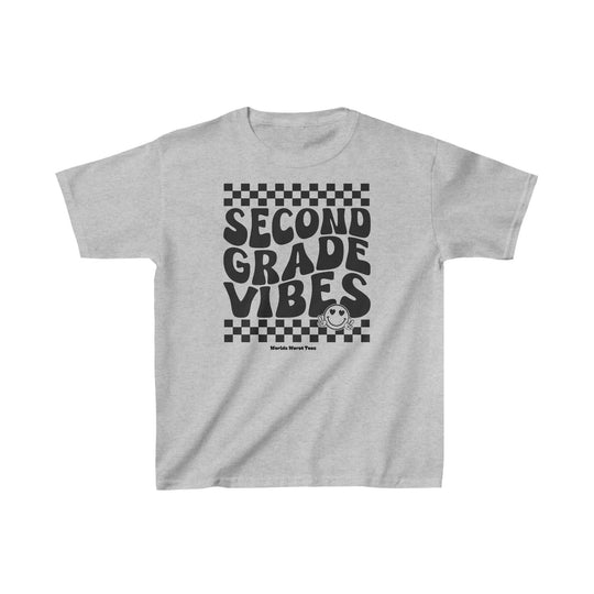 Kids 2nd Grade Vibes Tee, grey shirt with black text. 100% cotton, light fabric, classic fit, tear-away label. Ideal for everyday wear. No side seams, twill tape shoulders, ribbed collar.