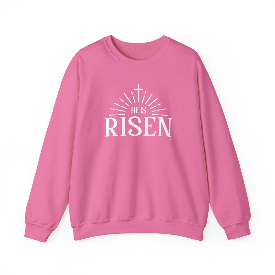 A unisex heavy blend crewneck sweatshirt featuring the He is Risen Crew design. Made of 50% cotton and 50% polyester, with ribbed knit collar and double-needle stitching for durability. No itchy side seams, tear-away label for comfort. Ethically grown US cotton.