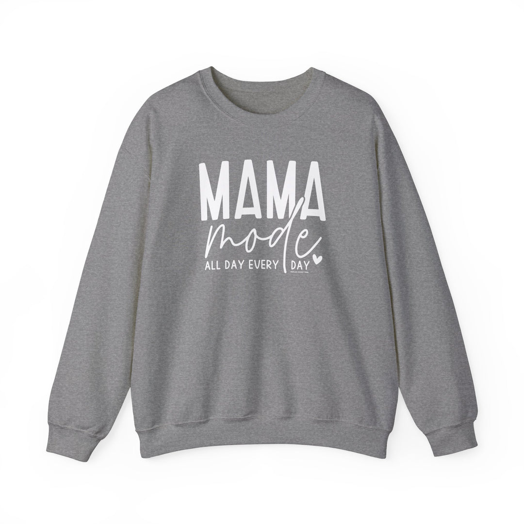 Unisex Mama Mode Crew sweatshirt, grey with white text. Heavy blend fabric, ribbed knit collar, no itchy seams. 50% cotton, 50% polyester, loose fit, true to size. Ideal for comfort in any situation.
