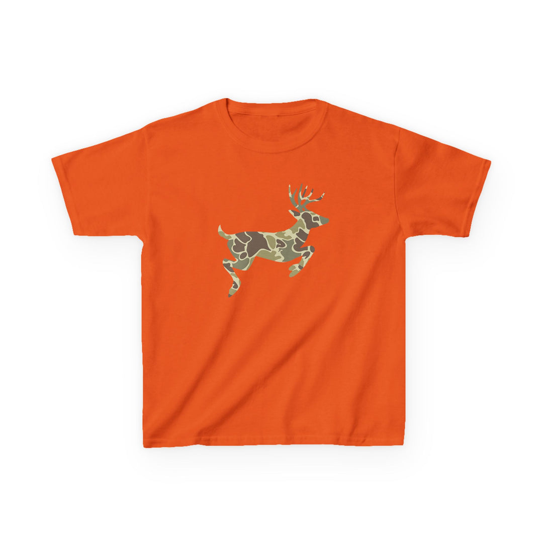 Camo Deer Kids Tee featuring a leaping deer silhouette in a green-and-brown camouflage pattern on an orange cotton T-shirt, ideal for everyday wear.