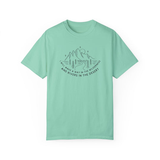 A relaxed fit I Will Make a Way Tee, a green t-shirt with a graphic design of a mountain and trees. Made of 100% ring-spun cotton for extra coziness and durability.