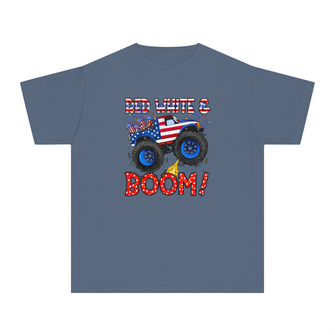 A kids' tee featuring a cartoon truck design, made of 100% combed ringspun cotton for comfort and agility. Red White and Boom Kids Tee from Worlds Worst Tees.