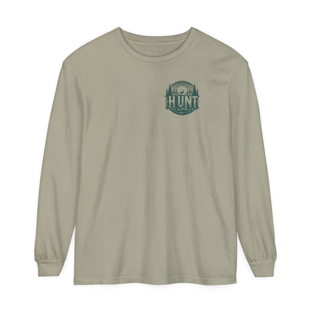 Turkey Hunting Long Sleeve T-Shirt: A classic fit, ring-spun cotton tee with a deer and trees logo. Garment-dyed fabric, relaxed fit for comfort. Perfect for casual settings.