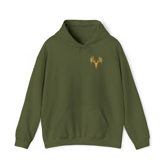 A Tagged Out Sweatshirt: Green hoodie with deer head design. Unisex heavy blend, 50% cotton, 50% polyester, kangaroo pocket, classic fit, tear-away label. Ideal for printing. From Worlds Worst Tees.