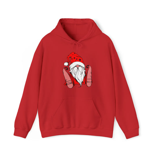 A Christmas Gnome Hoodie, a cozy blend of cotton and polyester, featuring a gnome illustration on a red sweatshirt. Unisex, classic fit with kangaroo pocket and drawstring hood. Perfect for warmth and comfort.