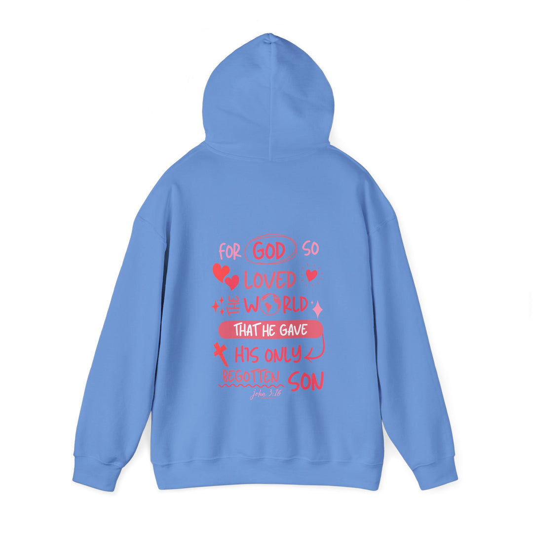 A John 3:16 Hoodie, a cozy unisex blend of cotton and polyester, featuring a kangaroo pocket and matching drawstring. Classic fit, medium-heavy fabric for warmth and comfort. Ideal for chilly days.