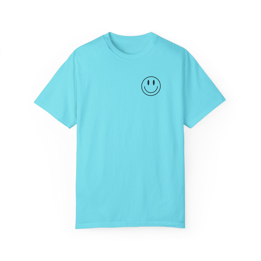 Blue Be the Reason Tee, a relaxed fit t-shirt with a smiley face graphic. 100% ring-spun cotton, garment-dyed for coziness. Durable double-needle stitching, no side-seams for shape retention.