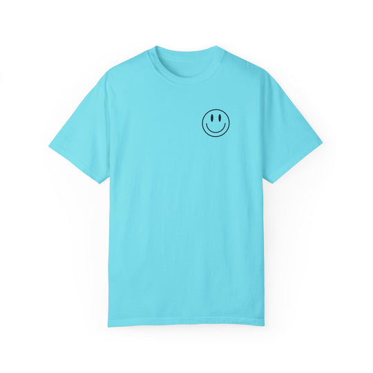 Blue Be the Reason Tee, a relaxed fit t-shirt with a smiley face graphic. 100% ring-spun cotton, garment-dyed for coziness. Durable double-needle stitching, no side-seams for shape retention.