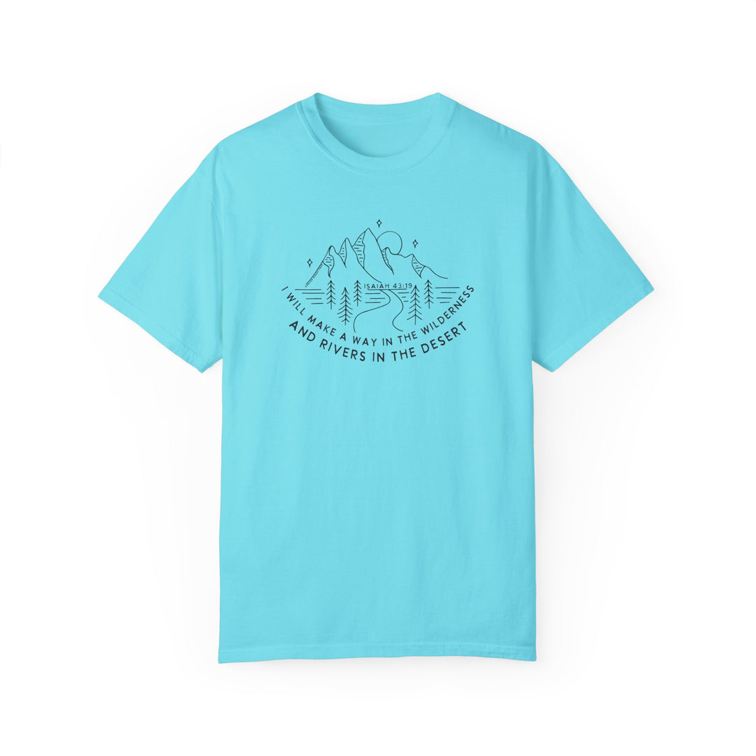 A relaxed-fit I Will Make a Way Tee, crafted from 100% ring-spun cotton, featuring a mountain and trees graphic. Garment-dyed for extra coziness, with durable double-needle stitching and a seamless design for lasting comfort.