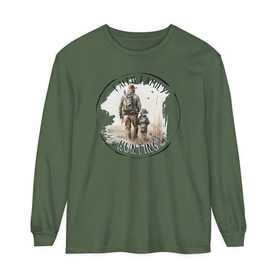 A Faith Family Hunting Long Sleeve T-Shirt in green, featuring a man and child walking in a field. Made of 100% ring-spun cotton with a relaxed fit for comfort. Ideal for casual settings.