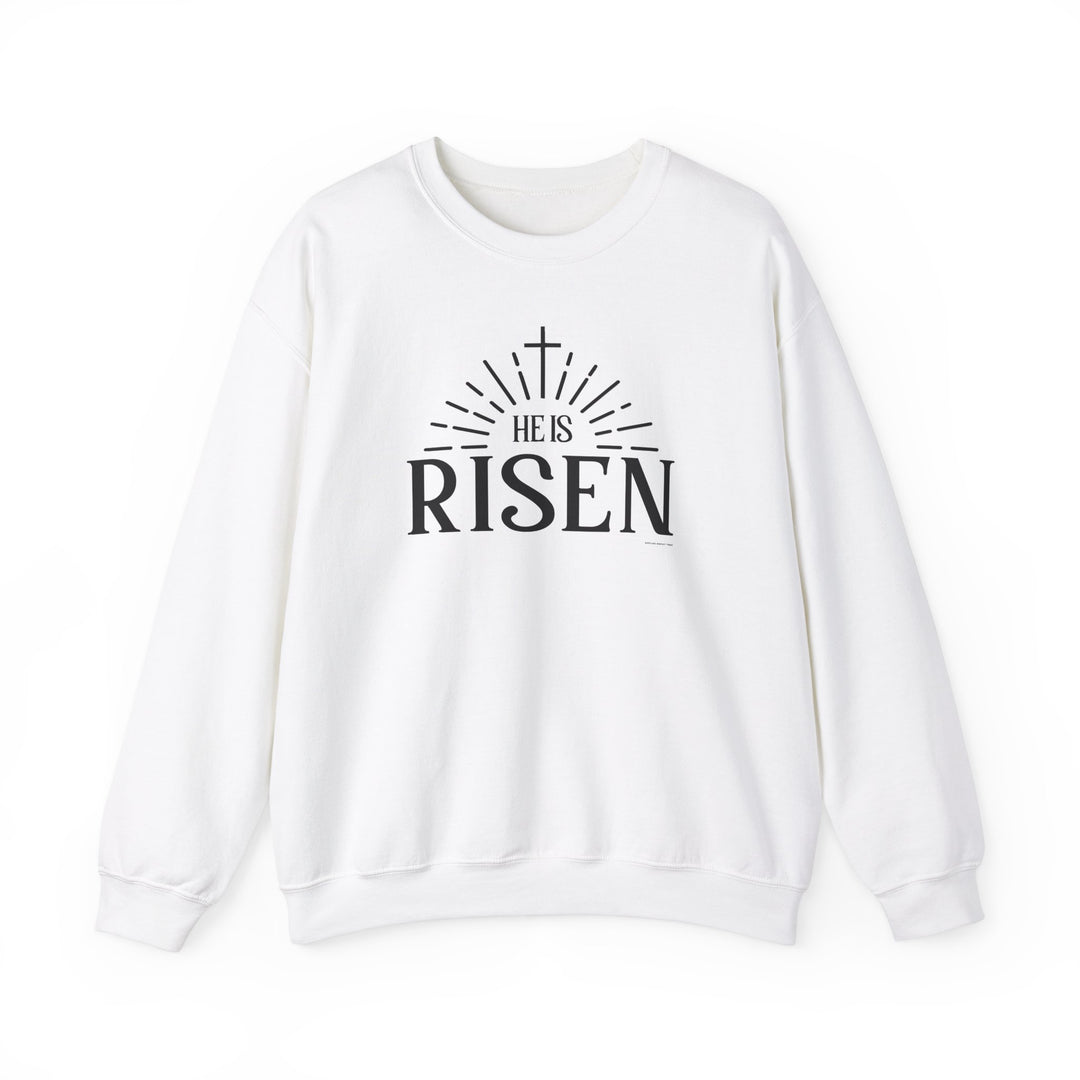 A unisex heavy blend crewneck sweatshirt featuring the He is Risen Crew design. Made of 50% cotton and 50% polyester, with ribbed knit collar and double-needle stitching for durability. No itchy side seams, ideal for colder months.