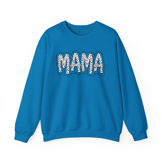 A Mama Print Crew unisex heavy blend crewneck sweatshirt in blue with white polka dots. Made of 50% Cotton 50% Polyester, ribbed knit collar, no itchy side seams, medium-heavy fabric. Ideal for comfort.