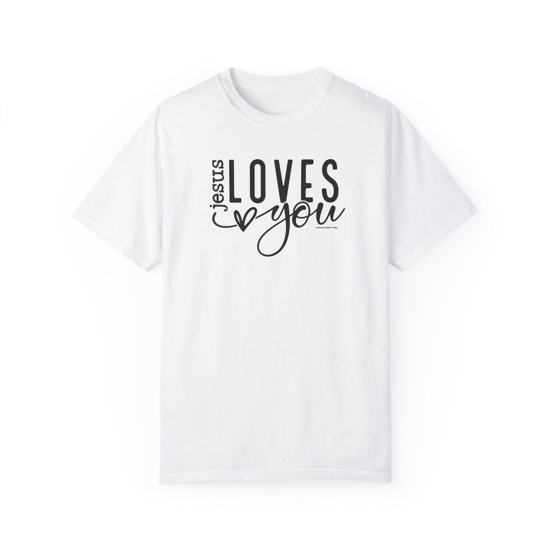 A relaxed fit Jesus Loves You Tee, crafted from 100% ring-spun cotton. Garment-dyed for extra coziness, featuring double-needle stitching for durability and a seamless design for a tubular shape.