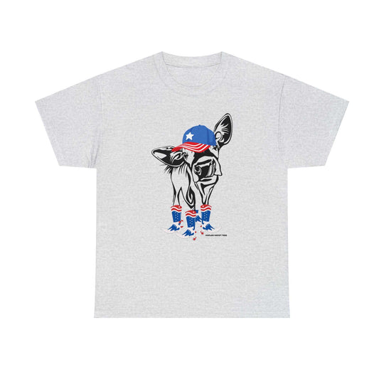 A whimsical t-shirt featuring a cow in a hat and boots, perfect for casual fashion. Unisex heavy cotton tee with ribbed knit collar, tape shoulders, and no side seams for comfort. Size range from S to 5XL.