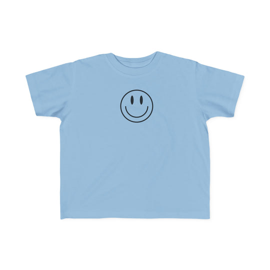 Toddler tee featuring a blue smiley face design. Soft 100% combed ringspun cotton for sensitive skin. Durable print, light fabric, tear-away label. Perfect for little adventurers.
