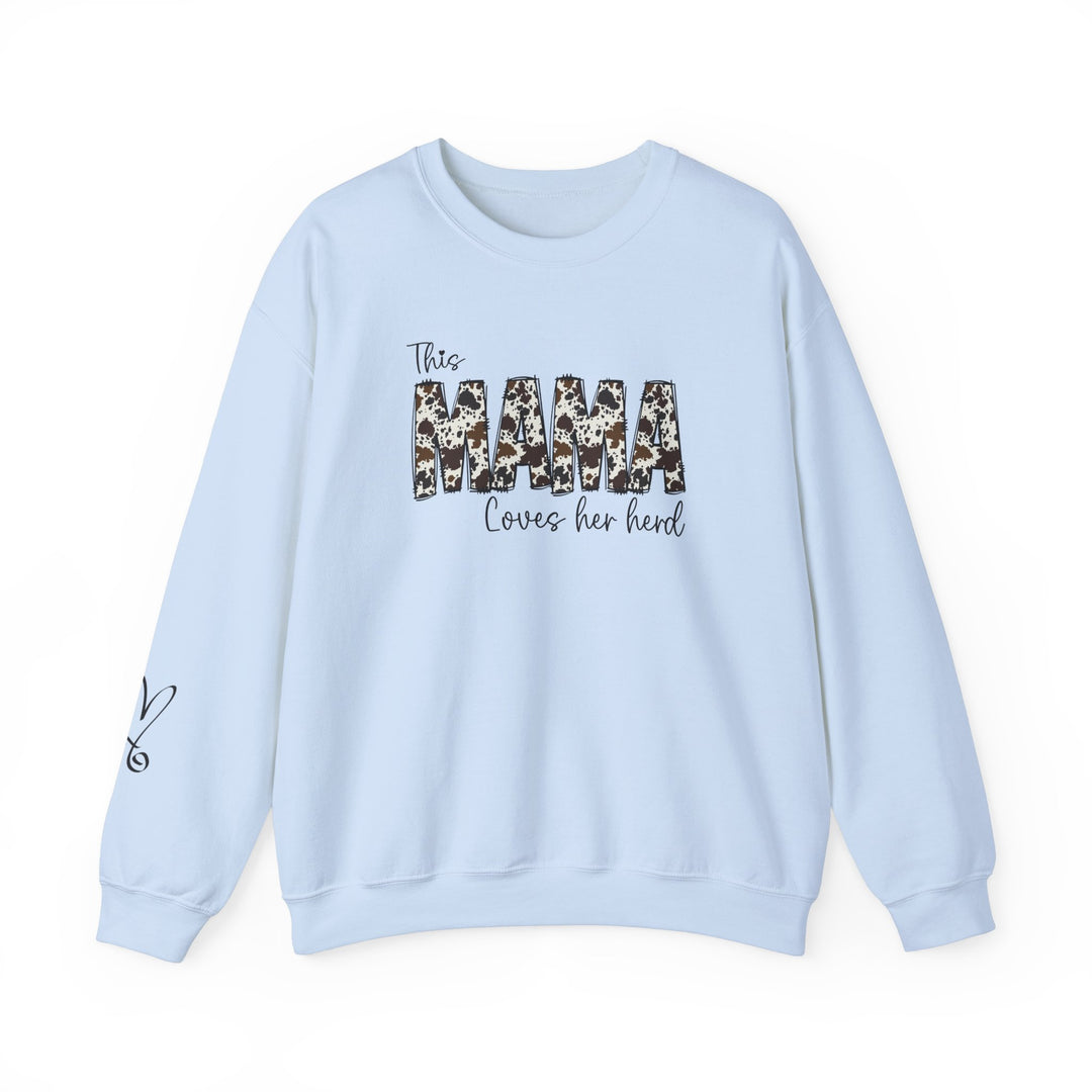 Unisex heavy blend crewneck sweatshirt, Mama Herd Crew, featuring a cow print. Ribbed knit collar, no itchy side seams, 50% cotton, 50% polyester, loose fit. Sizes S-5XL. Ideal for comfort in any situation.