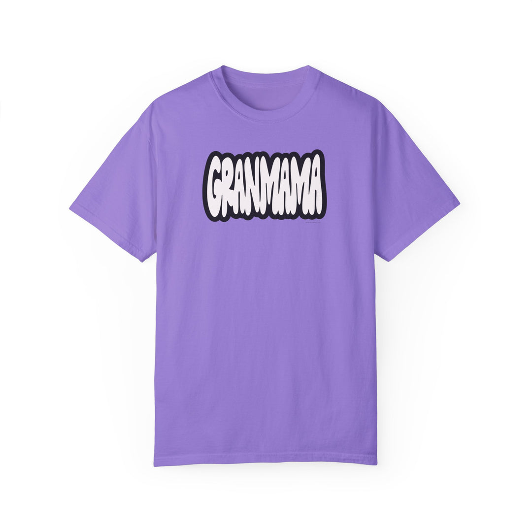 Grandmama Tee: Purple shirt with white text, 100% ring-spun cotton, garment-dyed for coziness. Relaxed fit, durable double-needle stitching, seamless design for comfort. From Worlds Worst Tees.