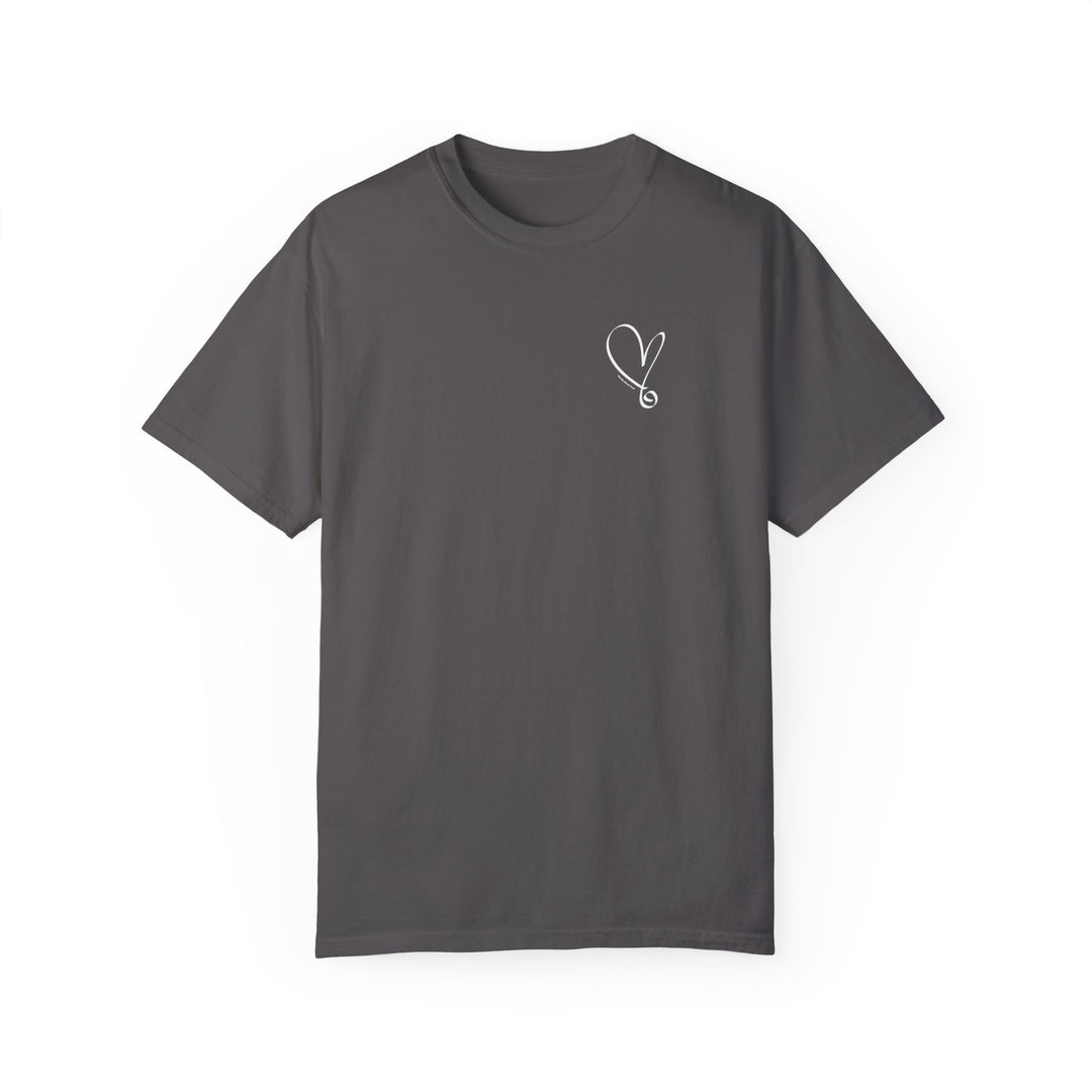 A grey t-shirt featuring a heart design, the I am Beautiful Tee from Worlds Worst Tees. Made of 100% ring-spun cotton, garment-dyed for softness, with a relaxed fit and durable double-needle stitching.