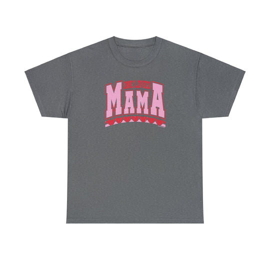 Unisex One Loved Mama Tee, grey with pink text. Heavy cotton, no side seams, durable tape on shoulders, ribbed knit collar. 100% cotton, medium weight, classic fit. Sizes S-5XL.