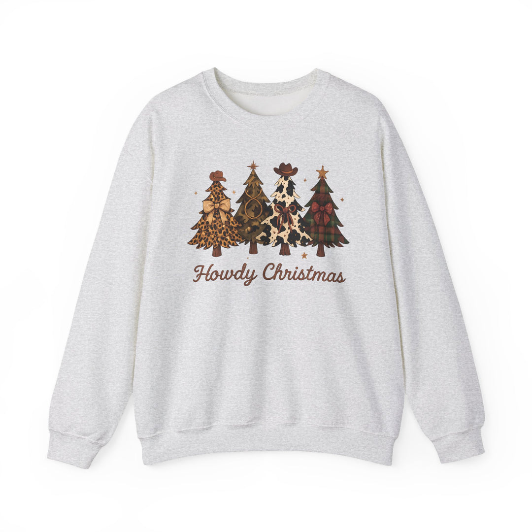 Howdy Christmas Crew sweatshirt with four Western-themed Christmas trees, each with unique prints and cowboy accents, featuring Howdy Christmas in rustic script. Cozy, unisex fit.