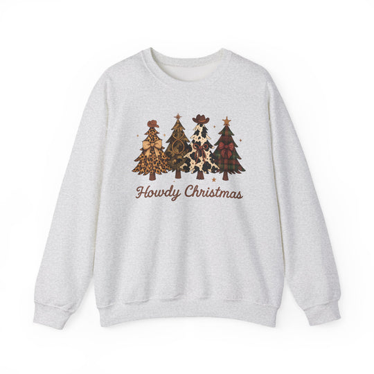 Howdy Christmas Crew sweatshirt with four Western-themed Christmas trees, each with unique prints and cowboy accents, featuring Howdy Christmas in rustic script. Cozy, unisex fit.